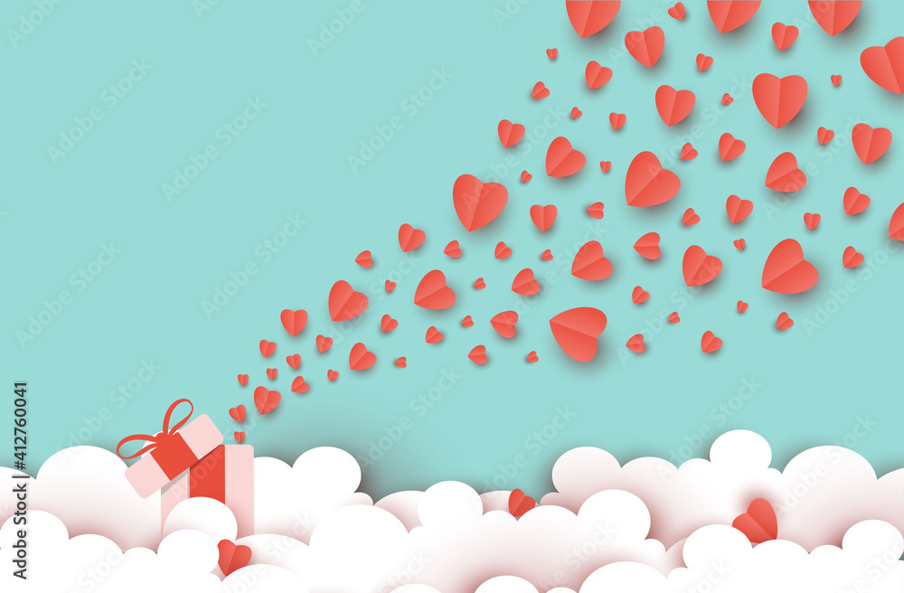 illustration gift box with flying love and valentine day, Origami paper cut style, heart float on the sky, decoration cloud creative art, digital craft vector
