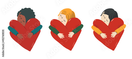 Set of different races kids: girl or boy are hugging a soft heart. Vector childish illustration for Happy Valentines day. Card for greetings card, posters, logo, sublimation printing on t shirt or mug