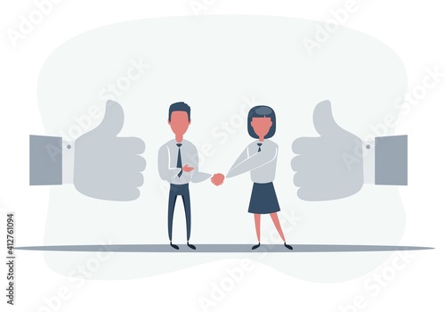 Handshake men and women. Handshake of business people partners businessmen and businesswomen. Hand shaking meeting agreement. Vector flat design. Symbol of successful transaction.