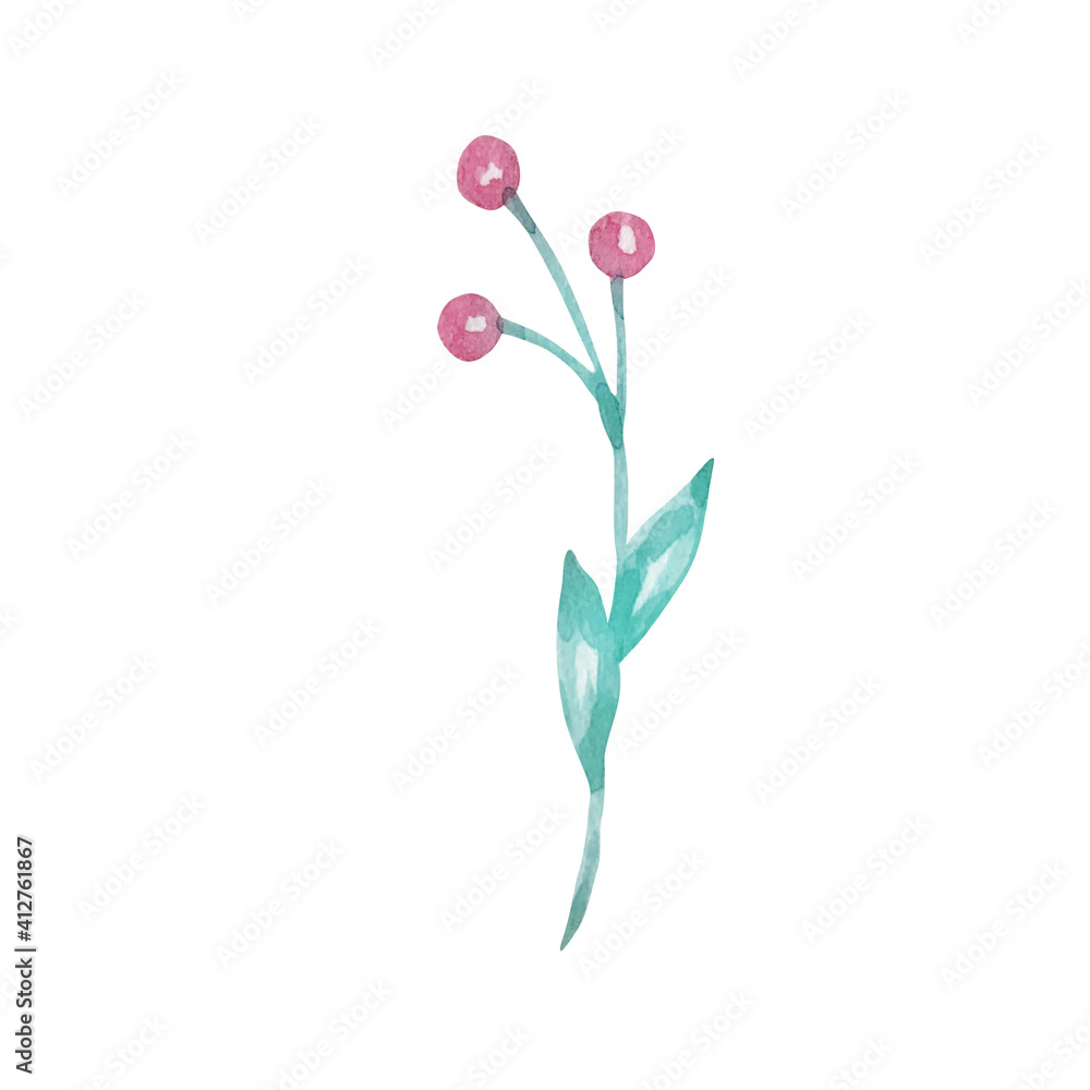 Watercolor branch with green leaves and pink berries