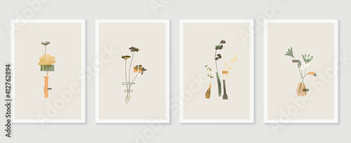 Botanical wall art vector set. Earth tone background foliage line art drawing with abstract shape and watercolor. Design for wall framed prints, canvas prints, poster, home decor, cover, wallpaper.