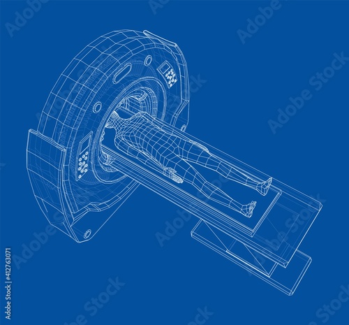 MRI machine scanning patient inside. Vector