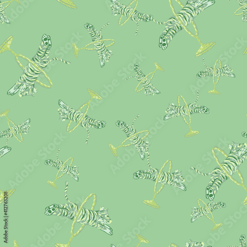 Pastel palette random seamless zoo pattern with hand drawn circus tiger ornament. Light green palette.