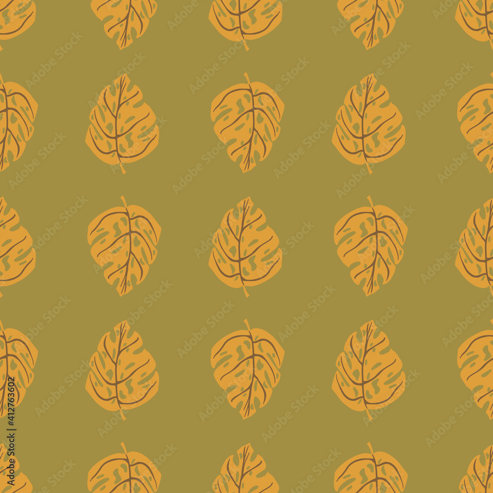 Obraz premium Botanic jungle seamless pattern with orange hand drawn monstera ornament. Pale green olive background.