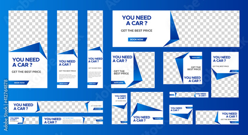 set of Rent Car web banners of standard size with a place for photos. Vertical, horizontal and square template. Vector EPS