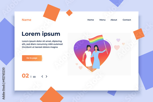 Lesbian couple holding lgbt flag in heart. Diversity, discrimination, love concept. Vector illustration can be used for topics like tolerance, homophobia, social rights