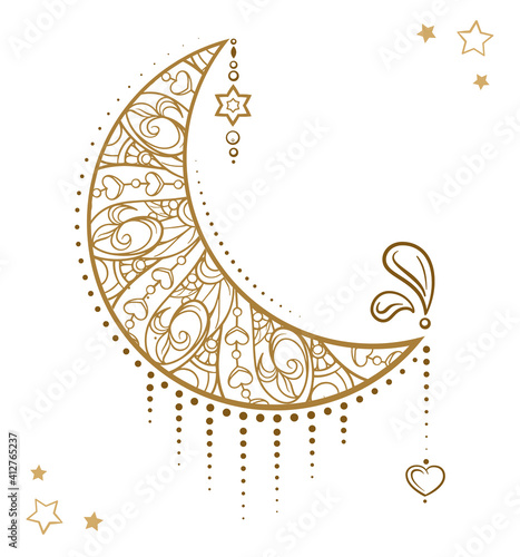 Golden cresent moon temporary tattoo. Ethnic style vector graphic.
