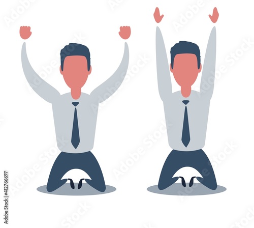 Flat depressed businessman kneeling. Bankruptcy and business failure concept. Set .Vector flat cartoon illustration