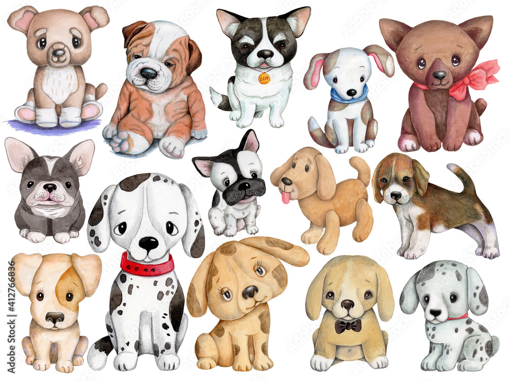 Set of cute dogs and puppies. Watercolor illustration, hand drawn sketch, art. Isolated on white background. Perfect for children design, print, cards, icons. Set of cute dogs and puppies. Watercolor illustration, hand drawn sketch, art. Isolated on white background. Perfect for children design, print, cards, icons.