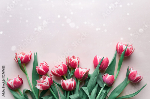Fototapeta Naklejka Na Ścianę i Meble -  Bouquet of pink tulips on pink background