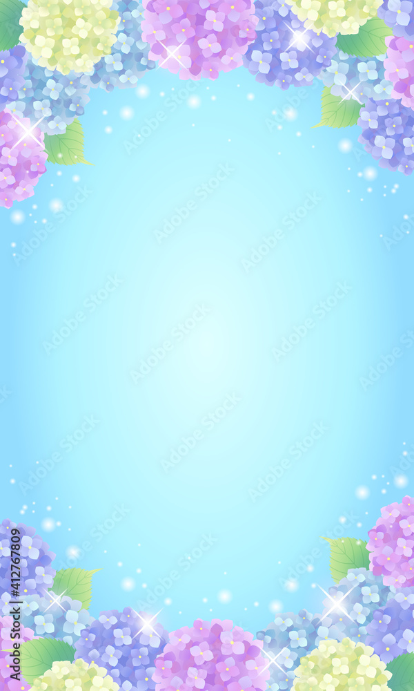 雨上がりの青空キラキラアジサイ(紫陽花)の風景ベクターイラスト(縦)