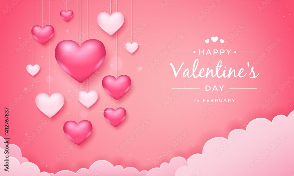 Valentines day background with hanging pink and white hearts