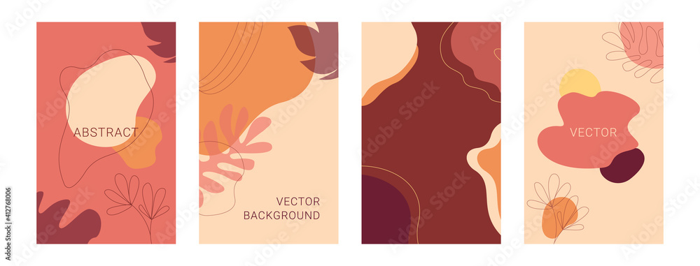 Vector set of minimal trendy abstract backgrounds. Shapes, lines, and warm colors.