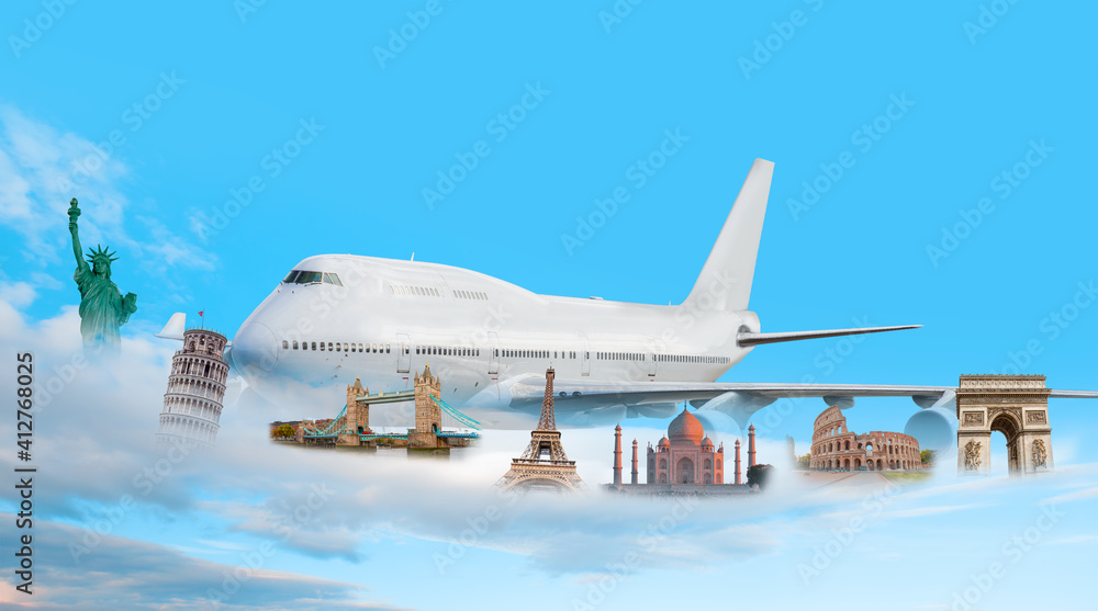 Famous monuments of the world with airplane in blue sky - Travel the world concept (colosseum, eiffel tower, pisa tower, Taj mahal, Arch of Triumph, Statue of Liberty)