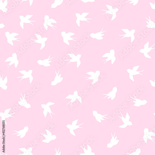 Seamless pattern with white swallow silhouette on pink background. Cute bird in flight. Vector illustration. Doodle style. Design for invitation, poster, card, fabric, textile.