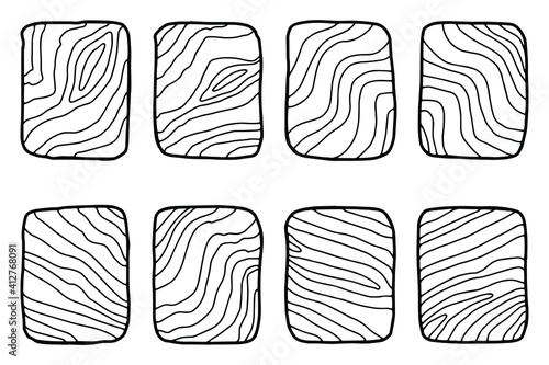 Hand drawn vector wooden slice. Pine tree. Organic modern ecological design. Black and white isolated set. Forest floor. Outline.