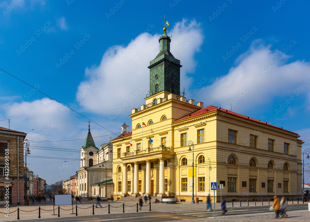 Lublin cityscape overlooking Classical architectural style building of New Town Hall in sunny spring day, Poland