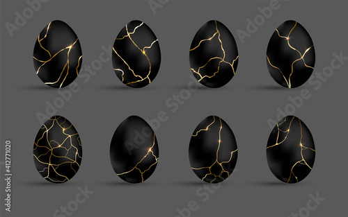 Easter kintsugi black eggs set. Luxury eggs with different crackle gold ornament. Spring holiday. Realistic vector illustration. For greeting card, promotion, poster, flyer, banner, social media.