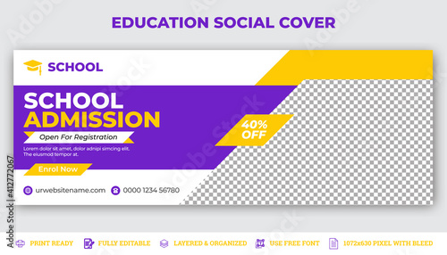 Kids school admission Facebook cover & Social media cover template, Web banner timeline template.