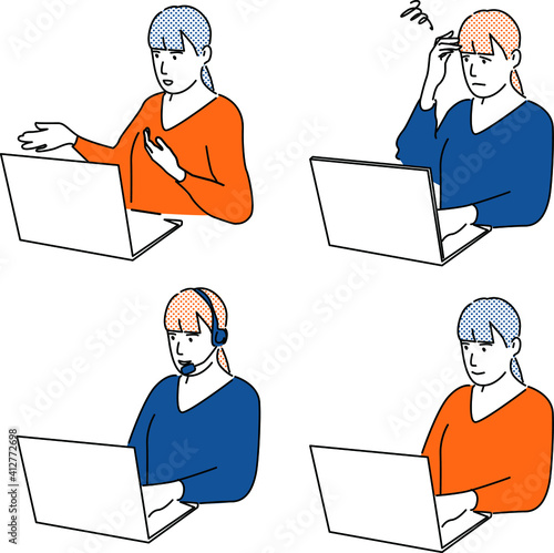 リモートワークで打ち合わせをする女性イラスト