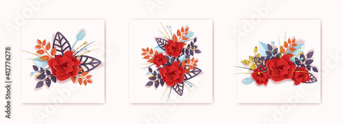 Set bouquet of roses in paper kraft style, paper cut and kraft style for design card, postcard, textile, flyer. Vector illustration all objects isolated