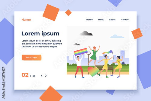 People holding lgbt flags in pride parade. Diversity, discrimination, freedom concept. Vector illustration can be used for topics like tolerance, homophobia, social rights