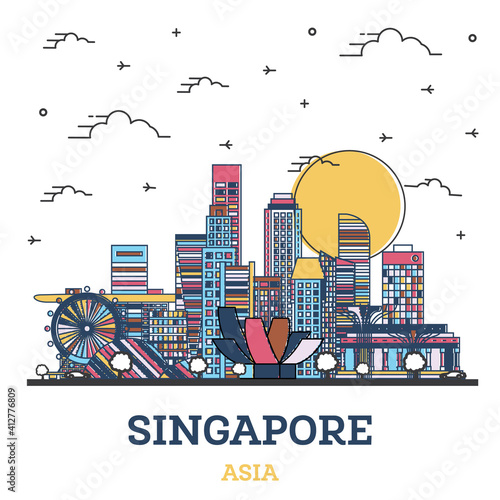 Outline Singapore City Skyline with Colored Modern Buildings Isolated on White.