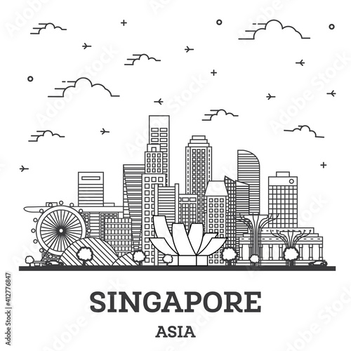 Outline Singapore City Skyline with Modern Buildings Isolated on White.