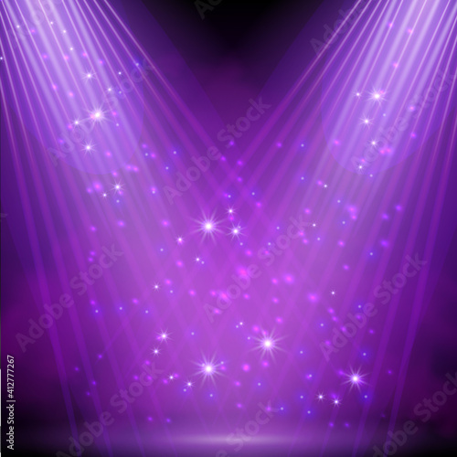 Purple spotlight. Bright lighting with spotlights of the stage with purple dust on dark background.