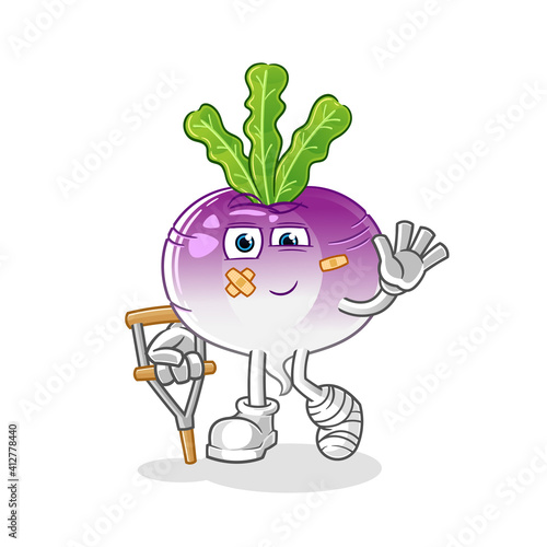 turnip sick with limping stick character. cartoon mascot vector