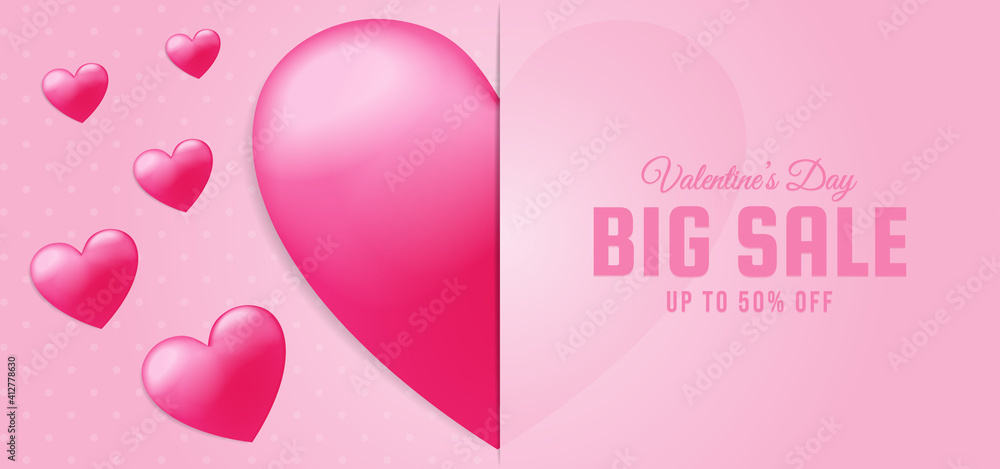 Pink heart symbol with pink background. Valentine's day banner promotion background with big sale 50% off text