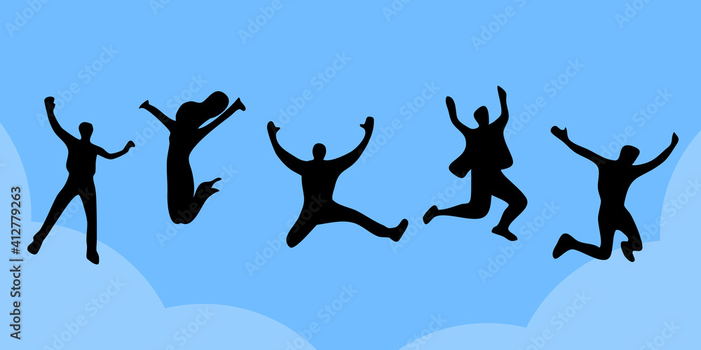 Silhouette of youth people jumping in flat design on blue background.