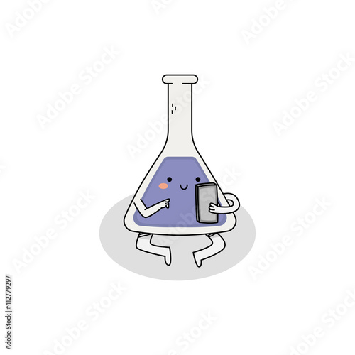 Cute Flask Cartoon Character Sitting down with phone
