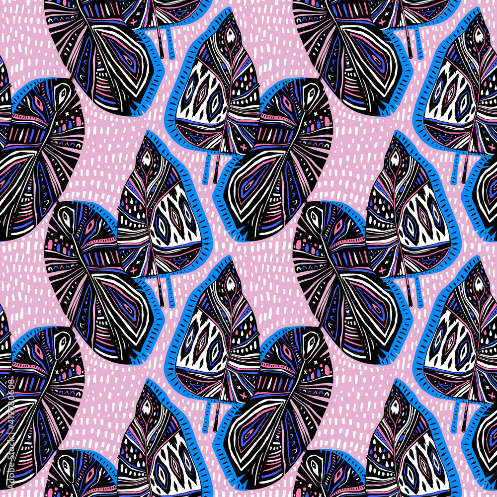 Fototapeta premium Dynamic folk Boho Hygge contemporary flash style tropical leaves or feathers seamless pattern.