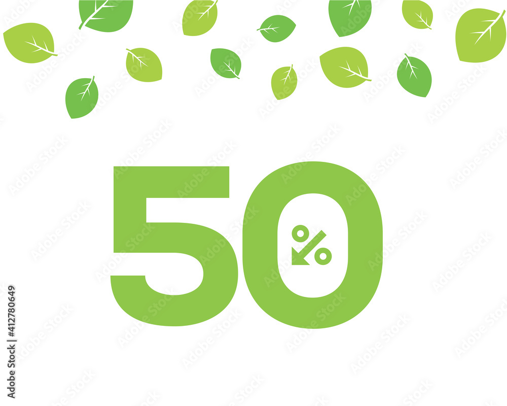 Vector green 50% text designed with an arrow percent icon on white background with leaves. For spring sale campaign. Vector green 50% text designed with an arrow percent icon on white background with leaves. For spring sale campaign.