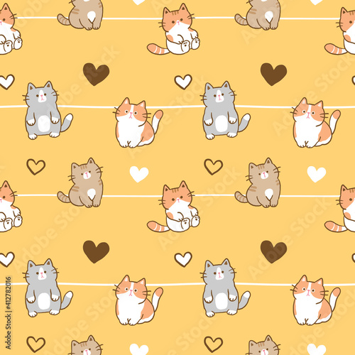 Seamless Pattern with Cartoon Cat Illustration Design on Yellow Background