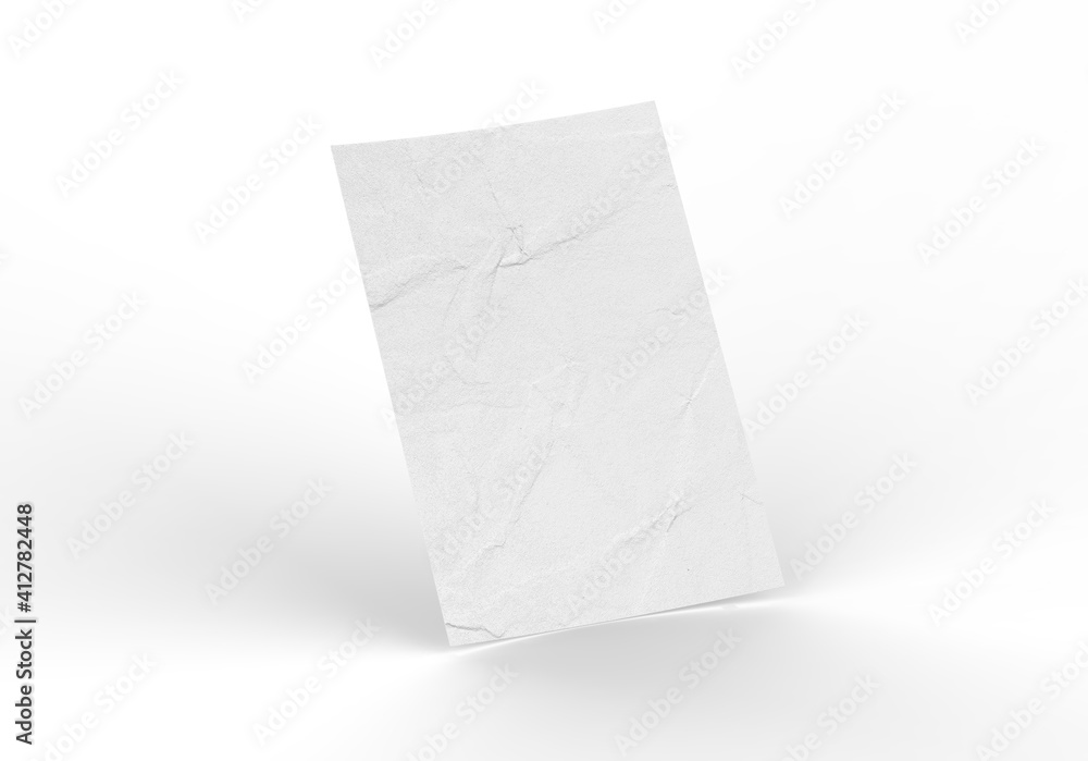 Crumpled sheet of textured paper mockup, clean empty paper note mock up template of A4 format with shadow on white background, 3d illustration