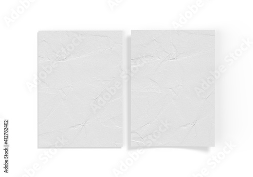 Crumpled sheet of textured paper mockup, clean empty paper note mock up template of A4 format with shadow on white background, 3d illustration