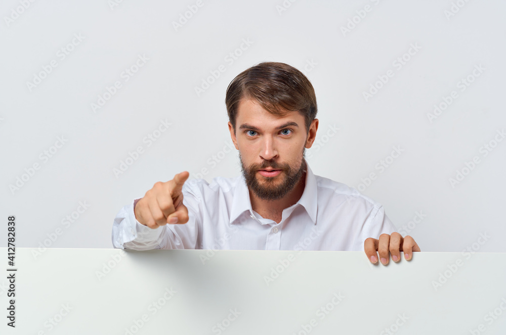 man in white shirt white banner Copy Space cropped view man in white shirt white banner Copy Space cropped view