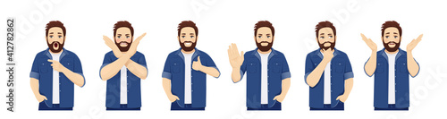 Handsome big man in casual clothes with different expressions and gesture set isolated vector illustration