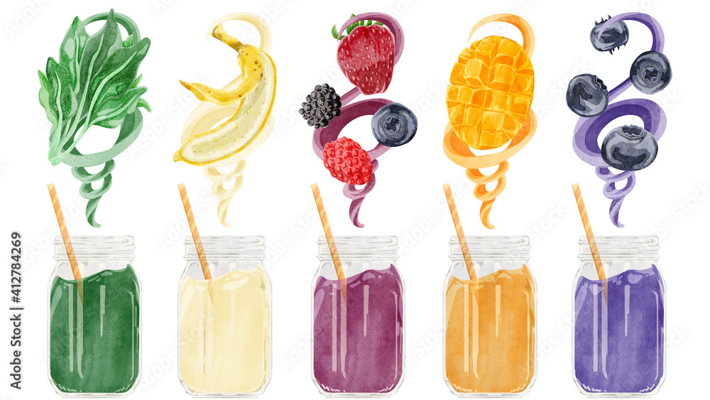 スムージー5種類手描き水彩風イラスト Stock イラスト Adobe Stock