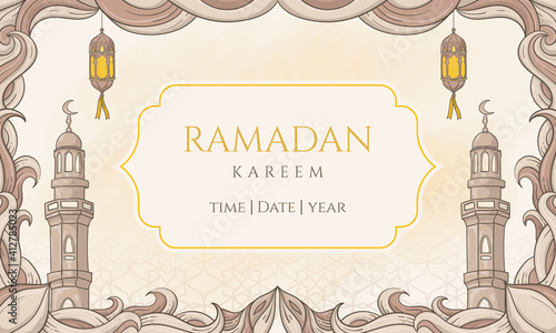 Hand drawn ramadan kareem with islamic ornament. perfect for greeting card or banner