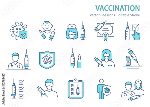 Vaccine icon set. Collection of syringe, coronavirus, covid 19 and more. Vector illustration. Editable Stroke.