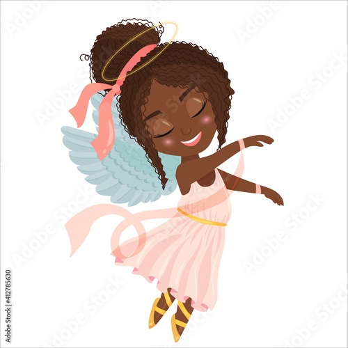 Cute cartoon black girl angel in a pink dress with ribbons. African American child dancing ballet dressed as an angel. Vector illustration isolated on white background.