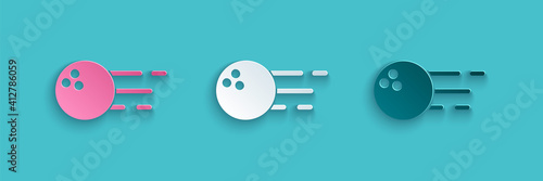 Paper cut Bowling ball icon isolated on blue background. Sport equipment. Paper art style. Vector.