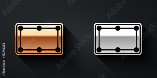 Gold and silver Billiard table icon isolated on black background. Pool table. Long shadow style. Vector.