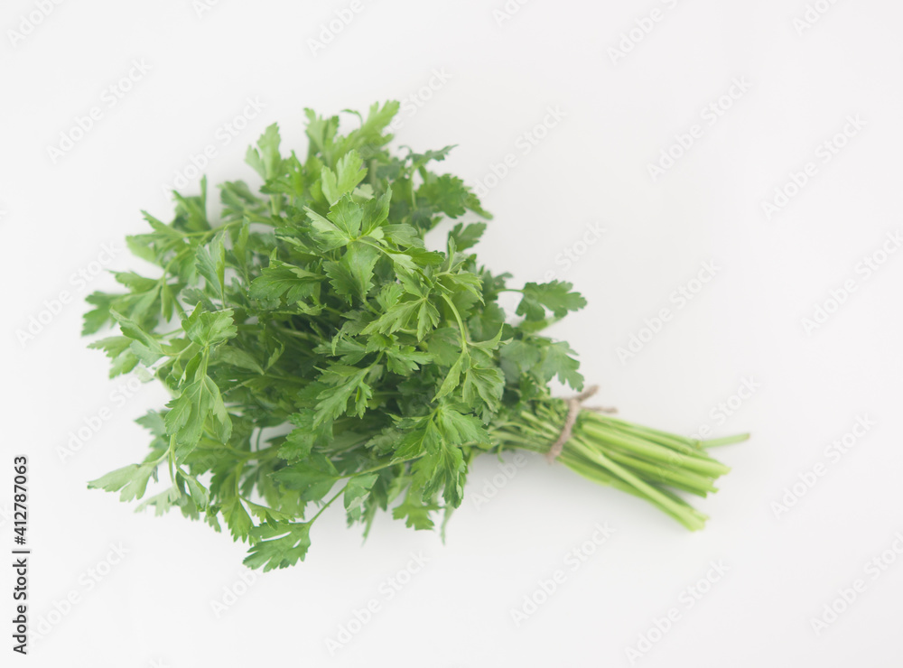 Fresh bunch green parsley bunch on white background. Top view, flat lay. Floral design element. Healthy eating and dieting concept Fresh bunch green parsley bunch on white background. Top view, flat lay. Floral design element. Healthy eating and dieting concept