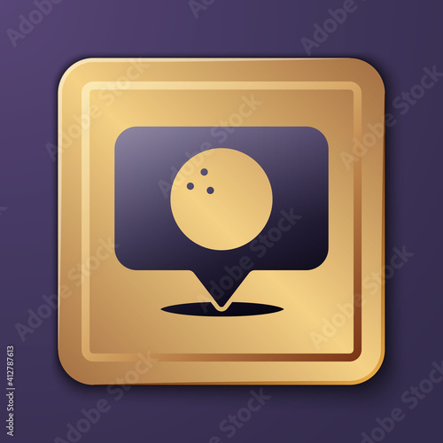 Purple Map pointer with bowling ball icon isolated on purple background. Sport equipment. Gold square button. Vector.