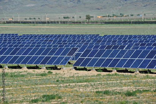Zhambyl region, Kazakhstan - 05.15.2013 : Solar panels are displayed in a row throughout the station.