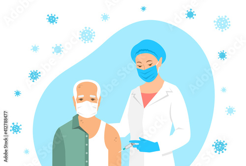 Female doctor or nurse gives shot of vaccine to shoulder of patient in hospital. Doctor using syringe to make injection to an old man in mask. Coronavirus vaccination concept. Flat vector illustration